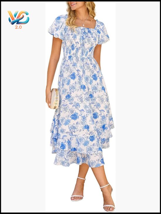 Dresses & Skirts - Flowy A-Line Maxi Dress with Pockets Square Neck Puff Sleeve